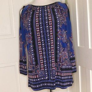 db Established 1962 Blue Multi Print Cold Shoulder Jersey Knit Tunic Sz MEDIUM
